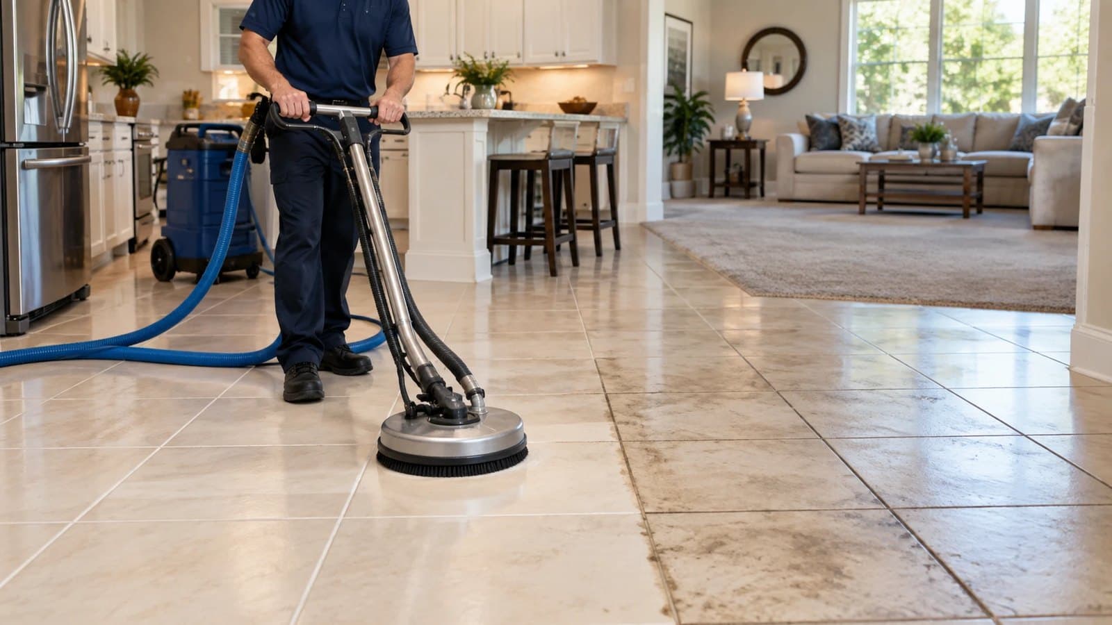 Technician deep-cleaning tile and grout with a pressurised spinner tool