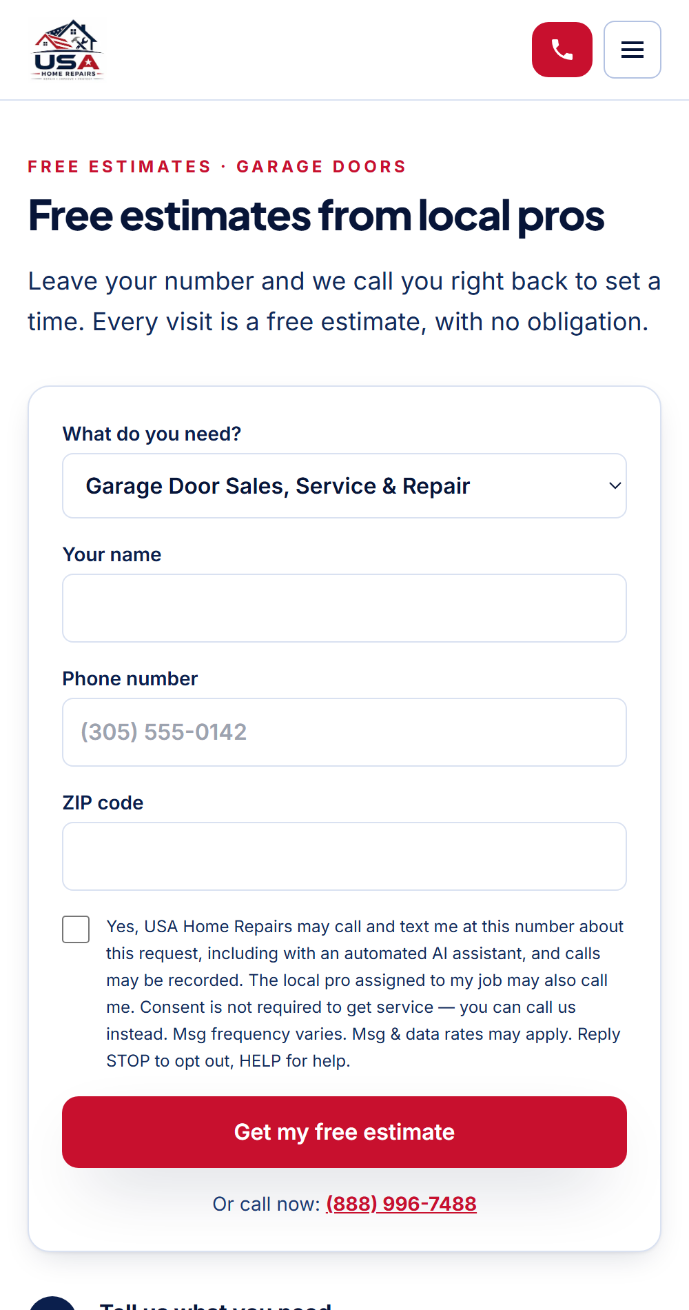The free-estimate form with its text-message consent checkbox